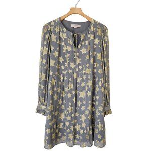 Loft Gold Star Print Shimmer Long-Sleeve Tiered Dress Gray Metallic Babydoll